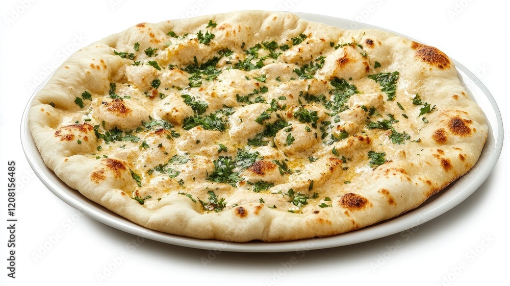 Plate of butter chicken curry garnished with coriander and served with naan bread on a white background Plate of butter chicken curry garnished with coriander and served with naan bread on a white background