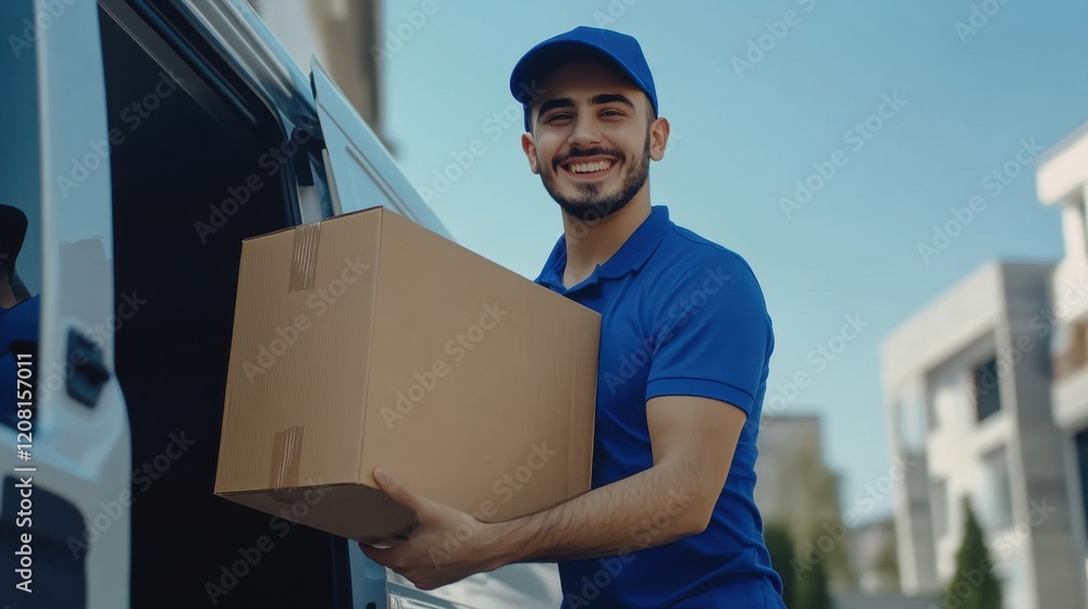 Smiling delivery man holding a package outside Smiling delivery man holding a package outside