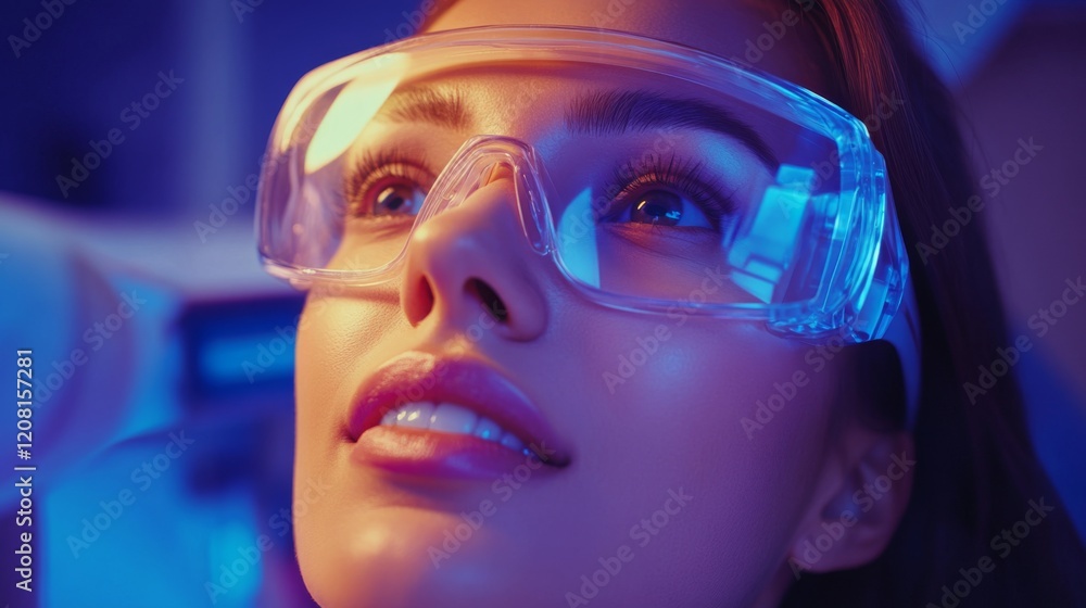 Close-up Portrait of a Woman in Safety Glasses, Vibrant Colors Close-up Portrait of a Woman in Safety Glasses, Vibrant Colors