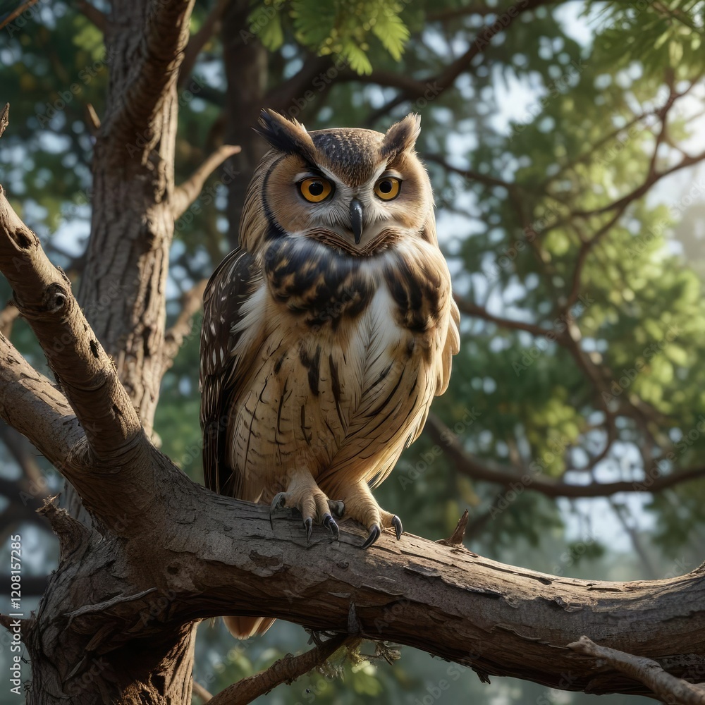 An owl's feathers spread wide to reveal the nest in a tree branch, nature , branches An owl's feathers spread wide to reveal the nest in a tree branch, nature , branches