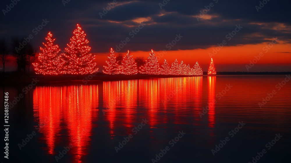 Fototapeta premium Red Lit Christmas Trees Reflecting In Water At Sunset