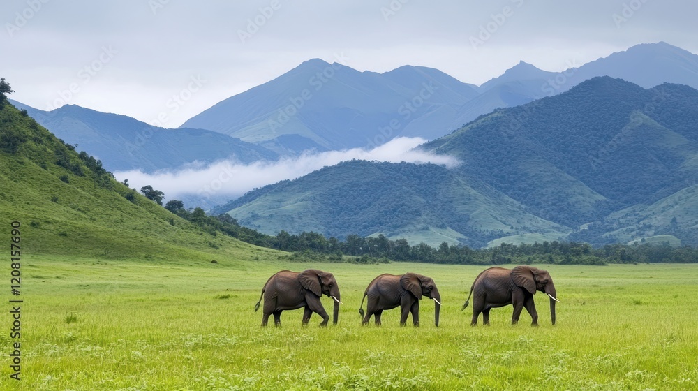 Obraz premium Three elephants graze peacefully in a lush green meadow, surrounded by mountains under a cloudy sky, highlighting the beauty of nature.