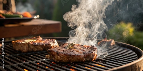 Aromas rising from a barbecue with a sizzling meat roast on the grill, summer cooking, savory aromas photo