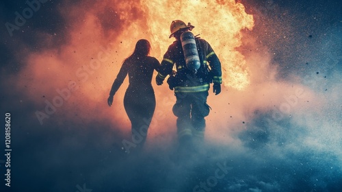 Firefighter and Woman Hand in Hand During a Blaze. Powerful Rescue Scene photo