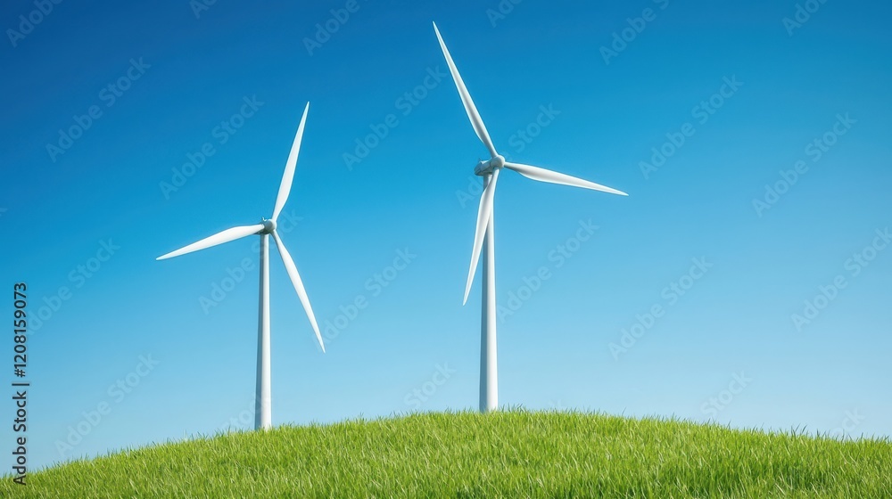 Two Wind Turbines on a Grassy Hill Against a Clear Blue Sky Representing Sustainable Energy Solutions Two Wind Turbines on a Grassy Hill Against a Clear Blue Sky Representing Sustainable Energy Solutions