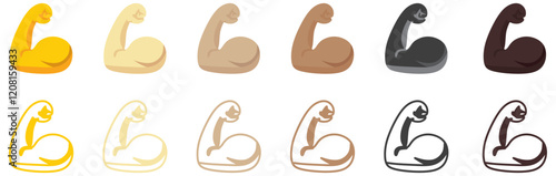 Muscle icon set, flexed bicep arm icon hand emoji. Feats of strength sign - Biceps muscular arm icons.