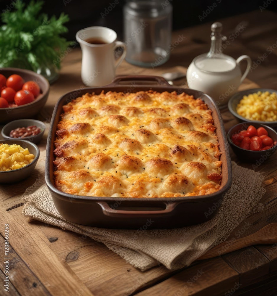 Baked rice casserole served on a wooden table, spanish comfort food, cozy atmosphere, warm meal Baked rice casserole served on a wooden table, spanish comfort food, cozy atmosphere, warm meal