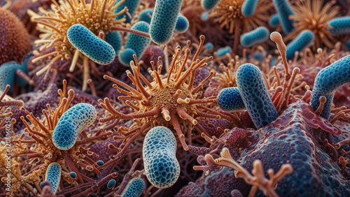 Obraz na płótnie Microscopic organisms with spiky, spherical blue cells and elongated orange structures w salonie