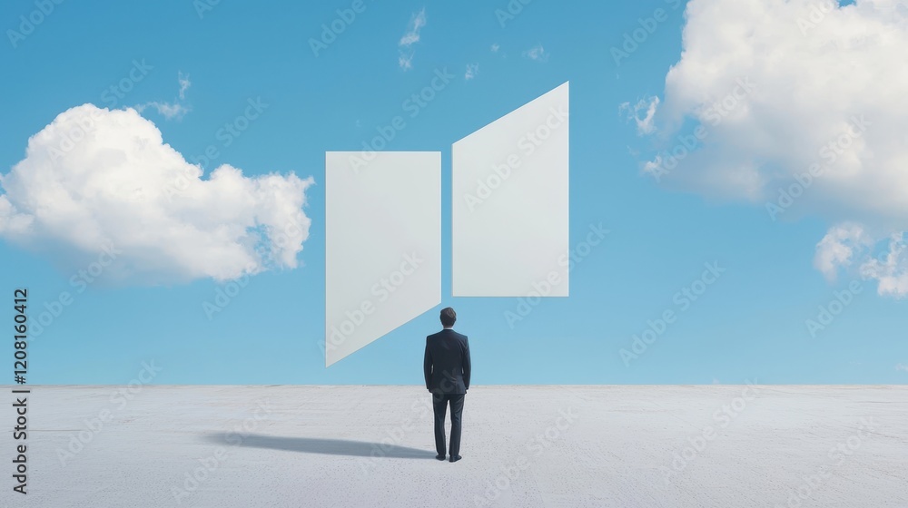 Visual Metaphor for Innovation and Creativity Represented by Man Facing Open Doorway to New Possibilities Visual Metaphor for Innovation and Creativity Represented by Man Facing Open Doorway to New Possibilities