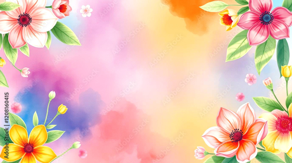 Obraz premium Floral watercolor background with colorful flowers and soft gradients