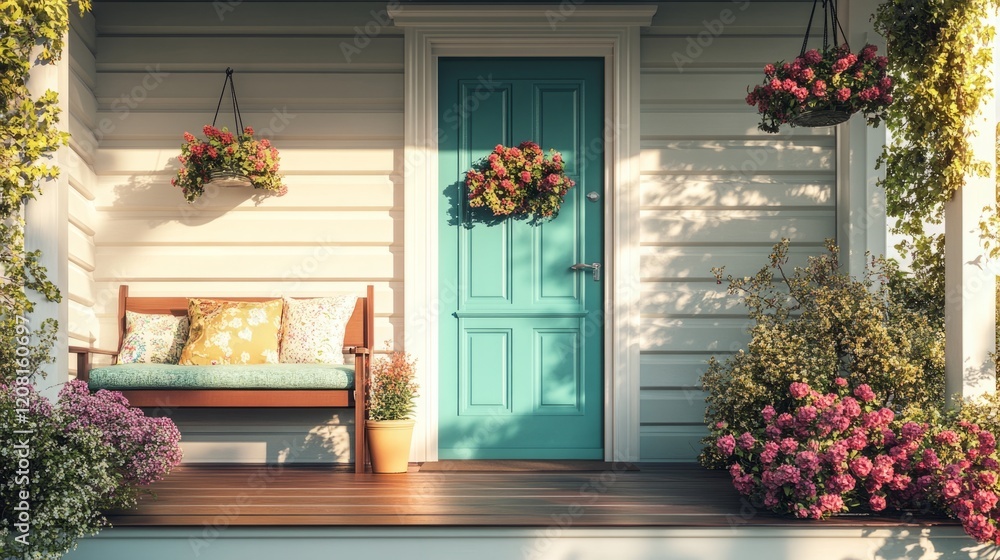 Fototapeta premium Charming front porch with colorful flowers in pots, a teal front door, and a cozy bench with cushions, sunny spring day generative ai