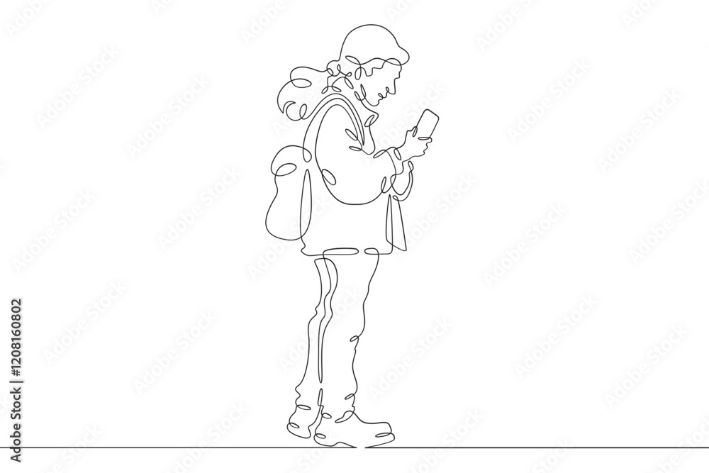 Continuous one line drawing old lady on a walk. Elderly woman with a smartphone. Pensioner taking pictures on her phone.One continuous line isolated minimal illustration.Not AI. Continuous one line drawing old lady on a walk. Elderly woman with a smartphone. Pensioner taking pictures on her phone.One continuous line isolated minimal illustration.Not AI.