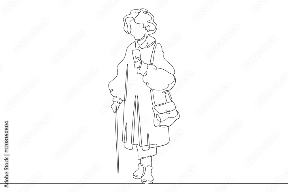 Continuous one line drawing old lady on a walk. Elderly woman with a smartphone. Pensioner taking pictures on her phone.One continuous line isolated minimal illustration.Not AI. Continuous one line drawing old lady on a walk. Elderly woman with a smartphone. Pensioner taking pictures on her phone.One continuous line isolated minimal illustration.Not AI.