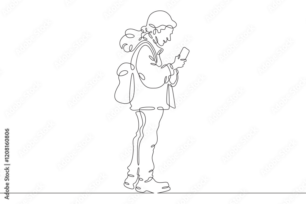 Continuous one line drawing old lady on a walk. Elderly woman with a smartphone. Pensioner taking pictures on her phone.One continuous line isolated minimal illustration.Not AI. Continuous one line drawing old lady on a walk. Elderly woman with a smartphone. Pensioner taking pictures on her phone.One continuous line isolated minimal illustration.Not AI.