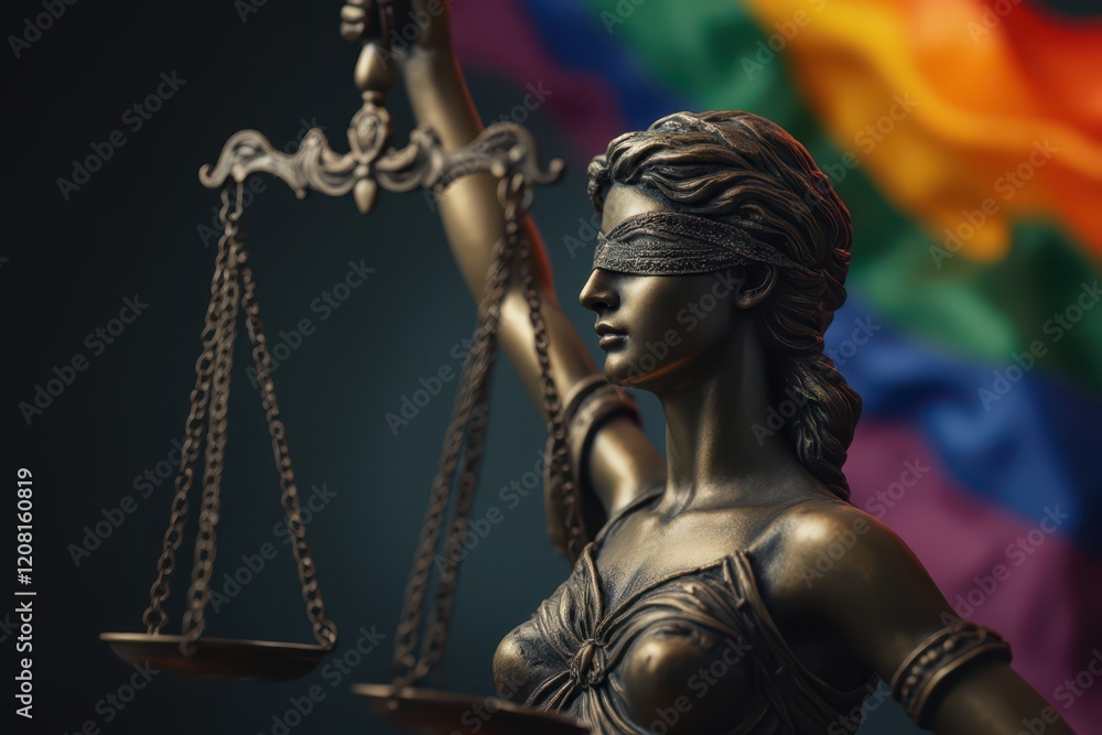 the statue of justice holding the scales of justice with the rainbow flag in the background the statue of justice holding the scales of justice with the rainbow flag in the background