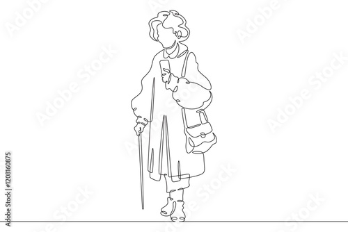 Wallpaper Mural Continuous one line drawing old lady on a walk. Elderly woman with a smartphone. Pensioner taking pictures on her phone.One continuous line isolated minimal illustration.Not AI. Torontodigital.ca