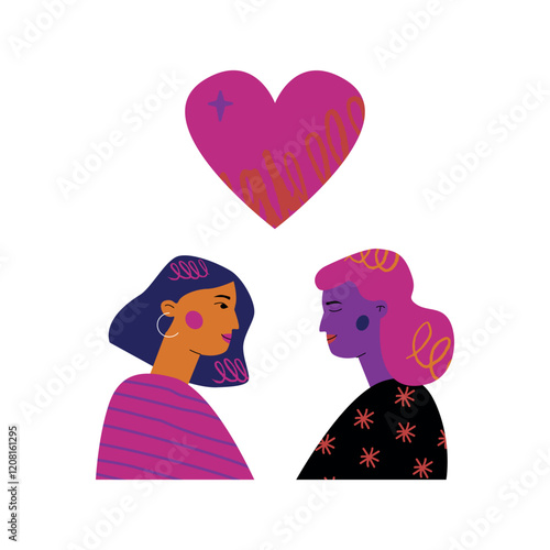Two women in love, looking into each other's eyes, with a big heart above them. A symbol of connection, tenderness and partnership.