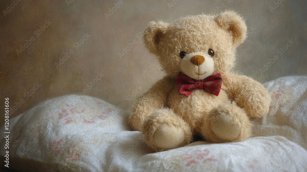 A teddy bear wearing a tiny bow tie, sitting on a soft white cushion A teddy bear wearing a tiny bow tie, sitting on a soft white cushion