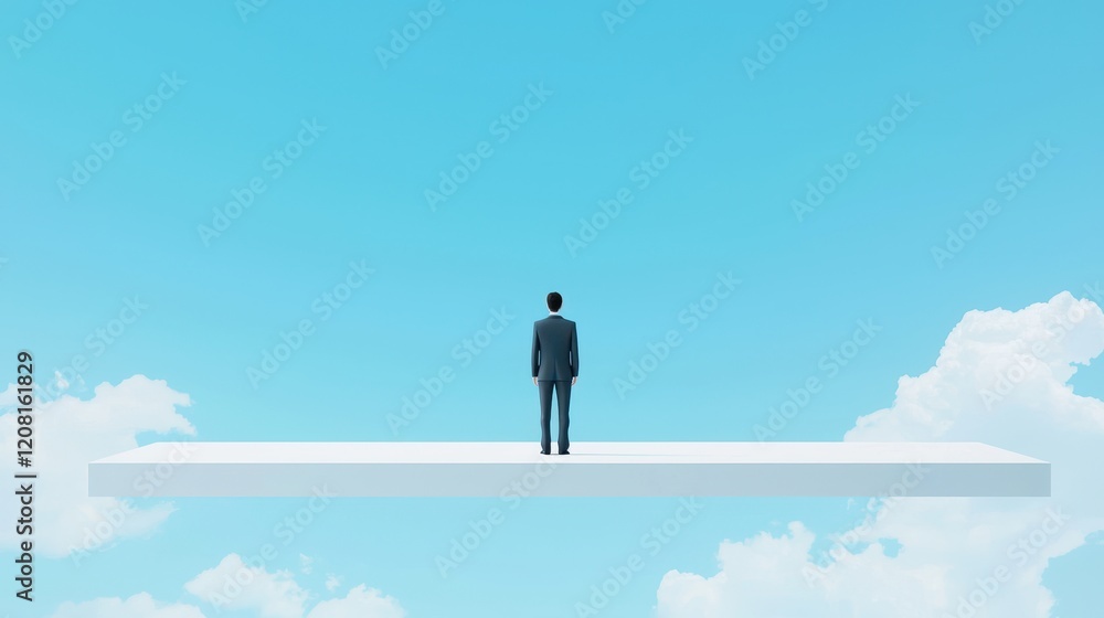 Surreal Representation of Work-Life Balance with a Businessman Standing on a Platform in the Sky Surreal Representation of Work-Life Balance with a Businessman Standing on a Platform in the Sky
