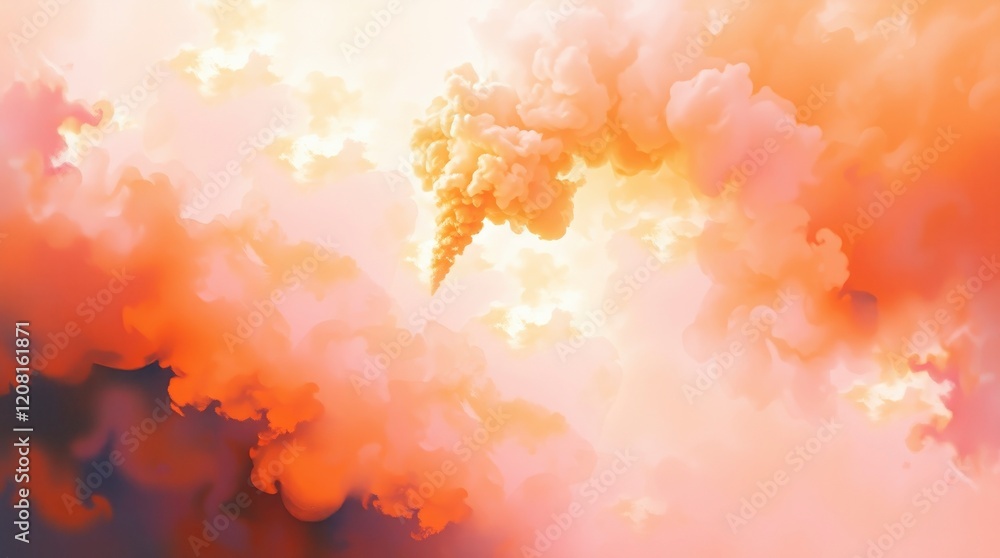 Crimson Sky: Ethereal Smoke Plume Ascending Through Warm Cloudscape Crimson Sky: Ethereal Smoke Plume Ascending Through Warm Cloudscape