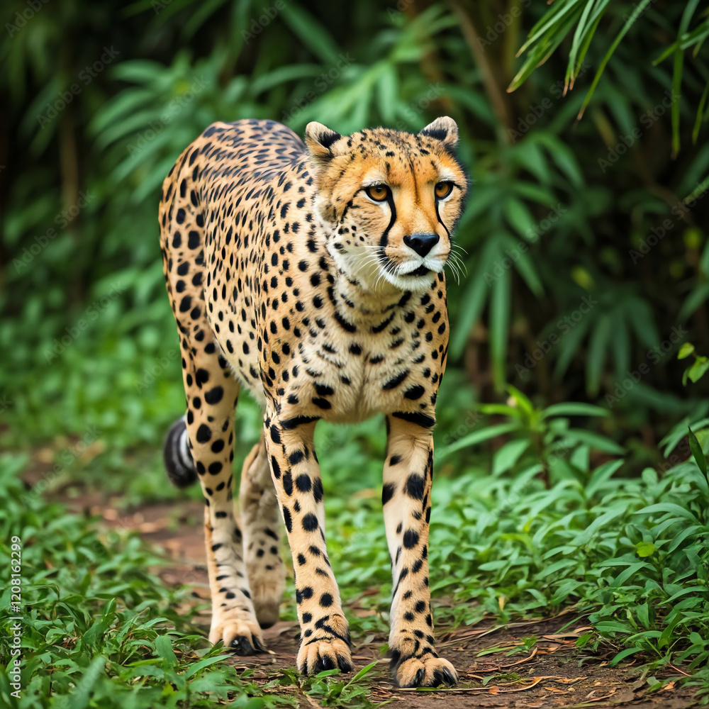 Wildlife action shot of a cheetah running and walking across the African savanna jungle at high speed Wildlife action shot of a cheetah running and walking across the African savanna jungle at high speed