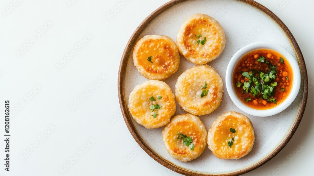 Plate of kachori stuffed with lentils served with tangy tamarind chutney on a white backdrop Plate of kachori stuffed with lentils served with tangy tamarind chutney on a white backdrop