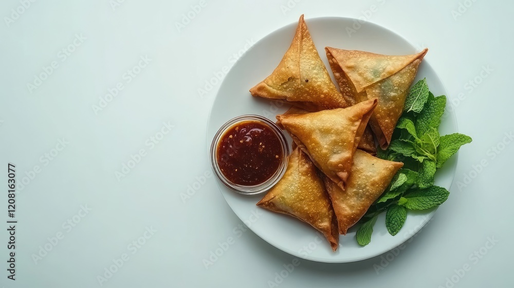 Plate of samosas served with mint chutney and tamarind sauce on a white background Plate of samosas served with mint chutney and tamarind sauce on a white background