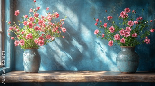 Wallpaper Mural Sunny floral arrangement in rustic vases on a wooden table Torontodigital.ca