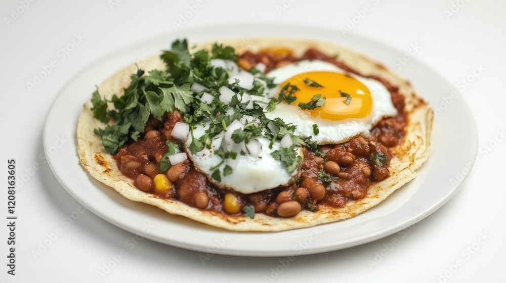 Plate of spicy huevos rancheros served with a side of beans on a white surface Plate of spicy huevos rancheros served with a side of beans on a white surface