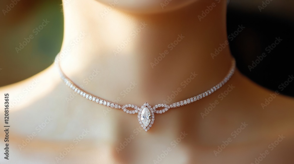 Choker with central marquise-cut diamond and subtle pave detail on the edges generative ai Choker with central marquise-cut diamond and subtle pave detail on the edges generative ai