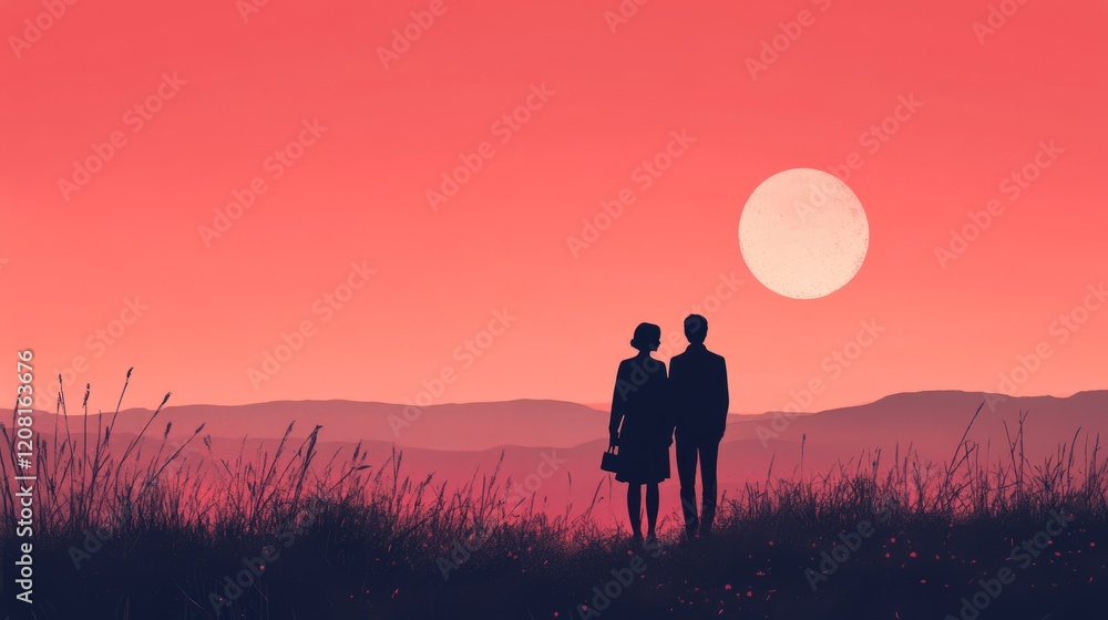 Fototapeta premium A couple silhouettes under a soft pink sky, minimalist Valentine's Day illustration with clean lines
