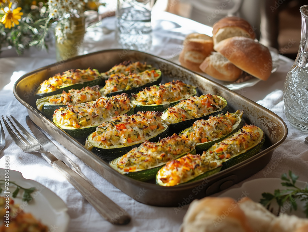 A warm family dinner table with a tray of stuffed zucchinis as the centerpiece meal. A warm family dinner table with a tray of stuffed zucchinis as the centerpiece meal.