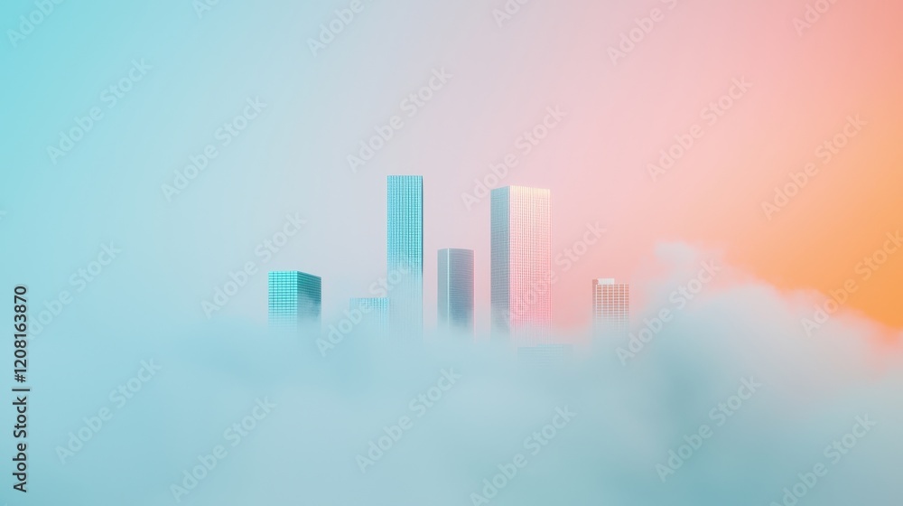 Fototapeta premium Vibrant City Skyline Surrounded by Smog with Soft Color Gradient in the Background