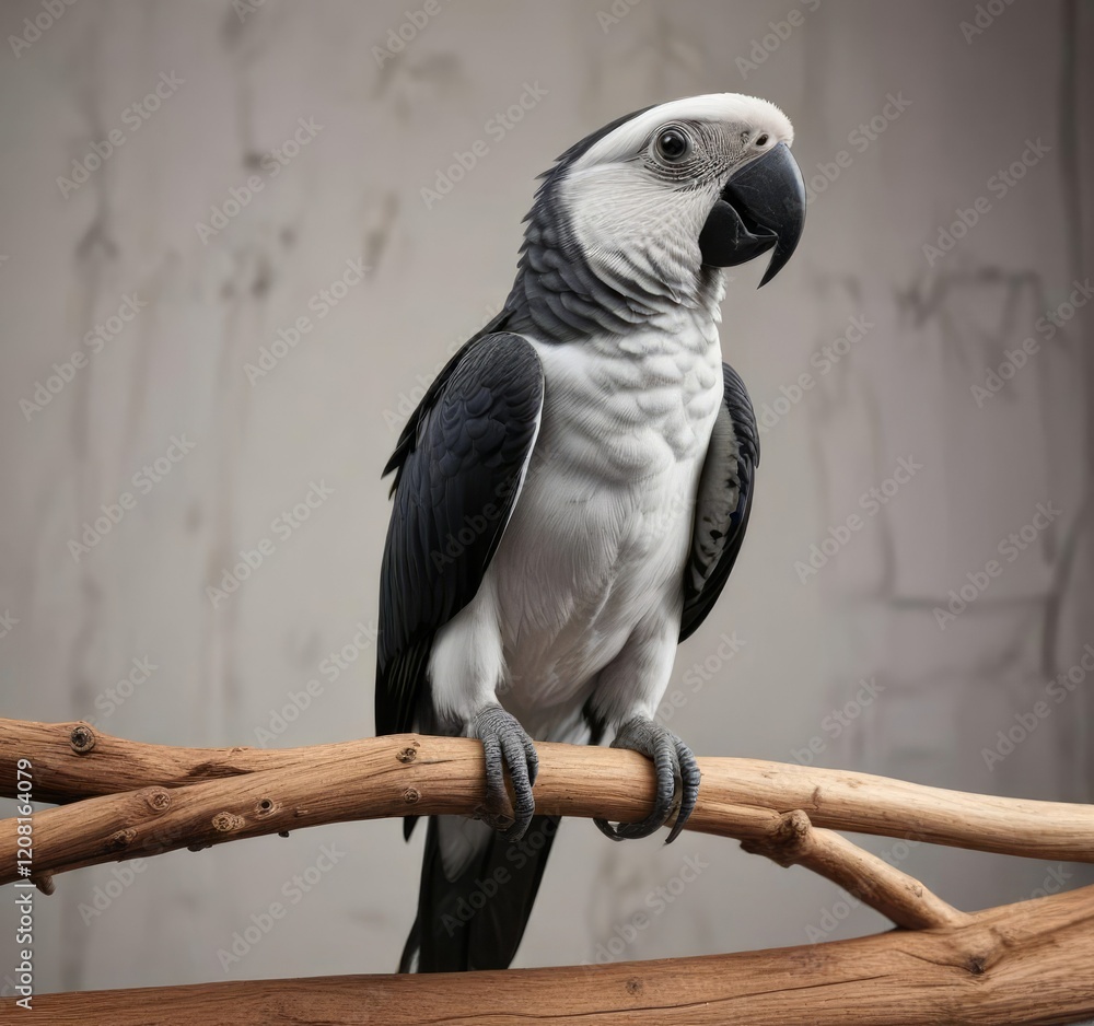 Fototapeta premium Black and white parrot on a wooden perch with a simple background, black parrot, nature, simple background