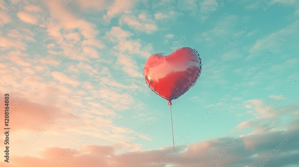Fototapeta premium A heart-shaped balloon floating against a soft pastel-colored sky, minimalist and dreamy
