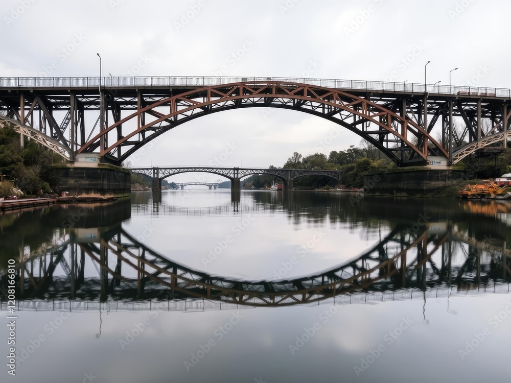 Fototapeta premium Bridge in the distance with reflected image, water, peaceful