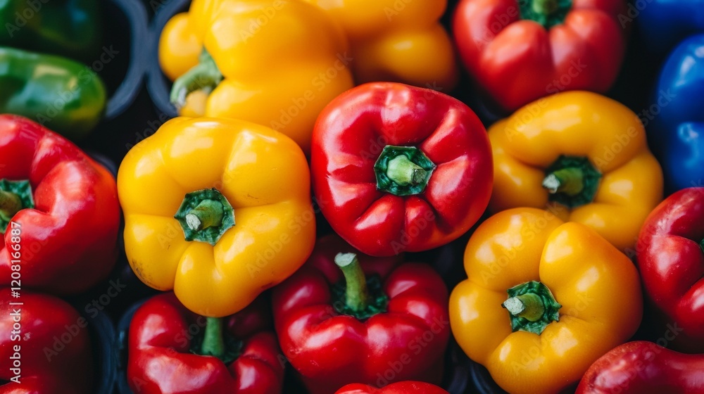 Bright and colorful bell peppers in a fresh produce display Bright and colorful bell peppers in a fresh produce display