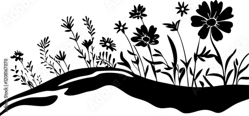 Silhouetted Floral Design: A Monochrome Illustration of Various Flowers on a Rolling Hill, Ideal for Art and Nature Themes