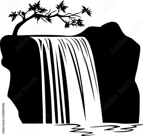 Stylized vector waterfall with flowing water, surrounded by a tree and rocky landscape, perfect for nature themes.