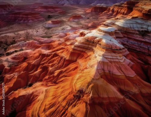 Aerial view of colorful desert landscape with ridges