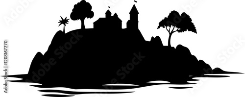 Silhouette of a Coastal Island with Palms and a Church: Ideal for Travel and Nature Themes