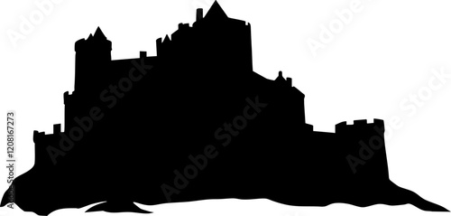 Vector Illustration of a Silhouette Castle: Enigmatic Structure on a Hill for Use in Fantasy Themes and Designs