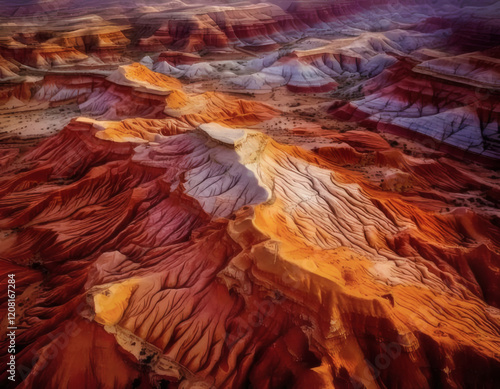 Aerial view of colorful desert landscape with ridges