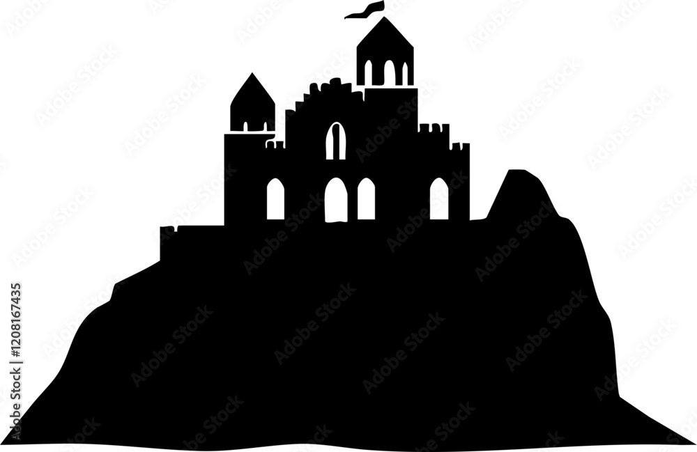 Silhouette of a Fantasy Castle on a Rocky Hill, Ideal for Storytelling and Design Projects Silhouette of a Fantasy Castle on a Rocky Hill, Ideal for Storytelling and Design Projects