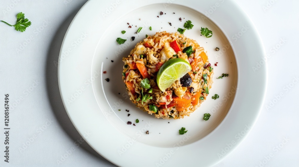 Thai fried rice with crab meat and lime on a clean white plate Thai fried rice with crab meat and lime on a clean white plate