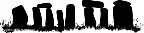 Vector silhouette of Stonehenge with green grass, suitable for historical themes, decoration, and educational purposes.