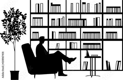 Minimalist Vector Art: A Silhouette of a Person Relaxing in a Cozy Library with Books and a Plant, Perfect for Quiet Spaces