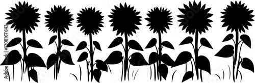 Vector Art: Black Silhouettes of Sunflowers with Leaves, Perfect for Floral Designs and Decorative Graphics