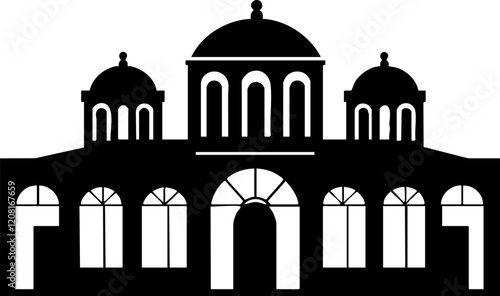 Black and White Vector Illustration of a Grand Building with Domes; Ideal for Architectural Designs and Themes