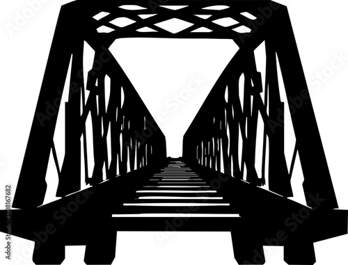 Silhouette of a railroad bridge leading into the distance, ideal for transportation and industrial themes.